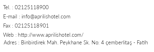Aprilis Hotel telefon numaralar, faks, e-mail, posta adresi ve iletiim bilgileri